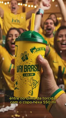 Copo Vai Brasil 550ml Plástico RESISTENTE Hexa Com Tampa E Canudo Kit 12pçs PREMIUM Copa do Mundo